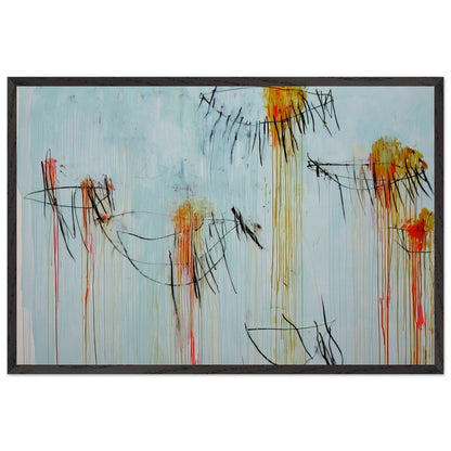 Lepanto, Part II by Cy Twombly framed art print; featuring a luminous turquoise-blue background, energetic black gestural lines, and vivid accents of yellow, orange; size 28 × 43 cm (11 × 17 in); wood frame.