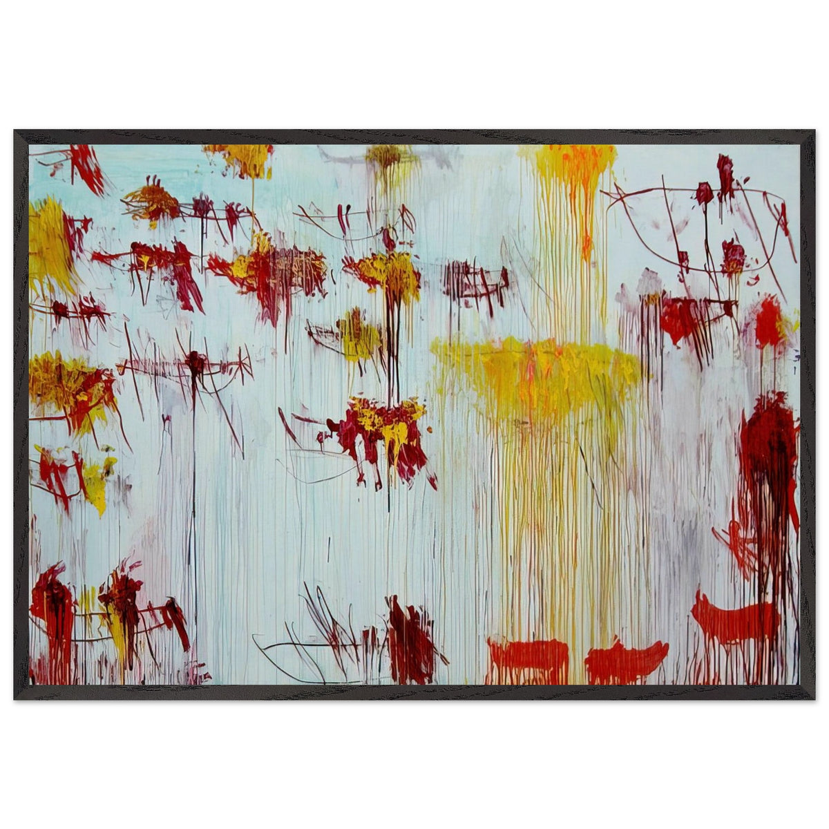 Lepanto, Part X by Cy Twombly framed art print; featuring a luminous pale blue and turquoise background, vivid golden-yellow brushstrokes; size 800 × 1200 mm (32 × 48 in); white frame.