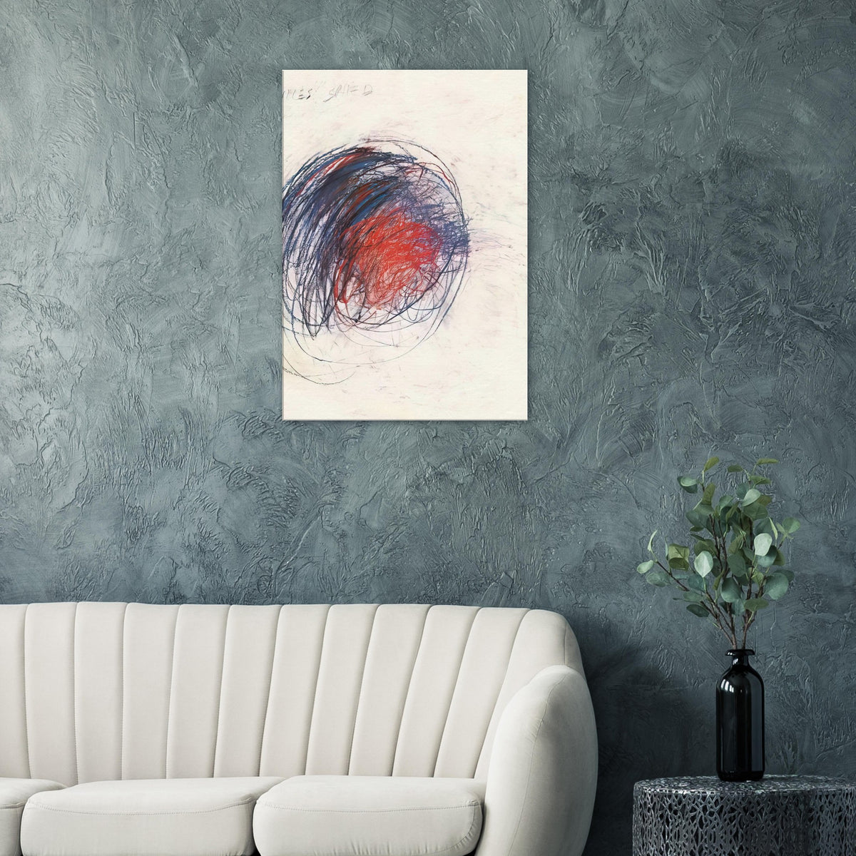 Fifty Days at Iliam: Shield of Achilles by Cy Twombly, canvas print; intricate black lines, expressive red strokes, deep blue accents