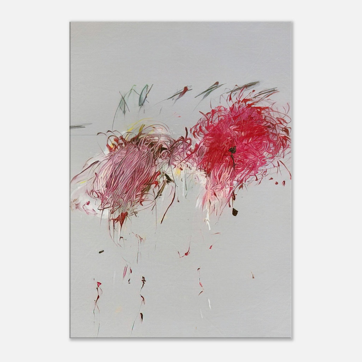 Nicola's Irises by Cy Twombly, canvas print; sweeping red and crimson brushstrokes, delicate pink accents, cool blue details, and dark gestural lines against a pale background