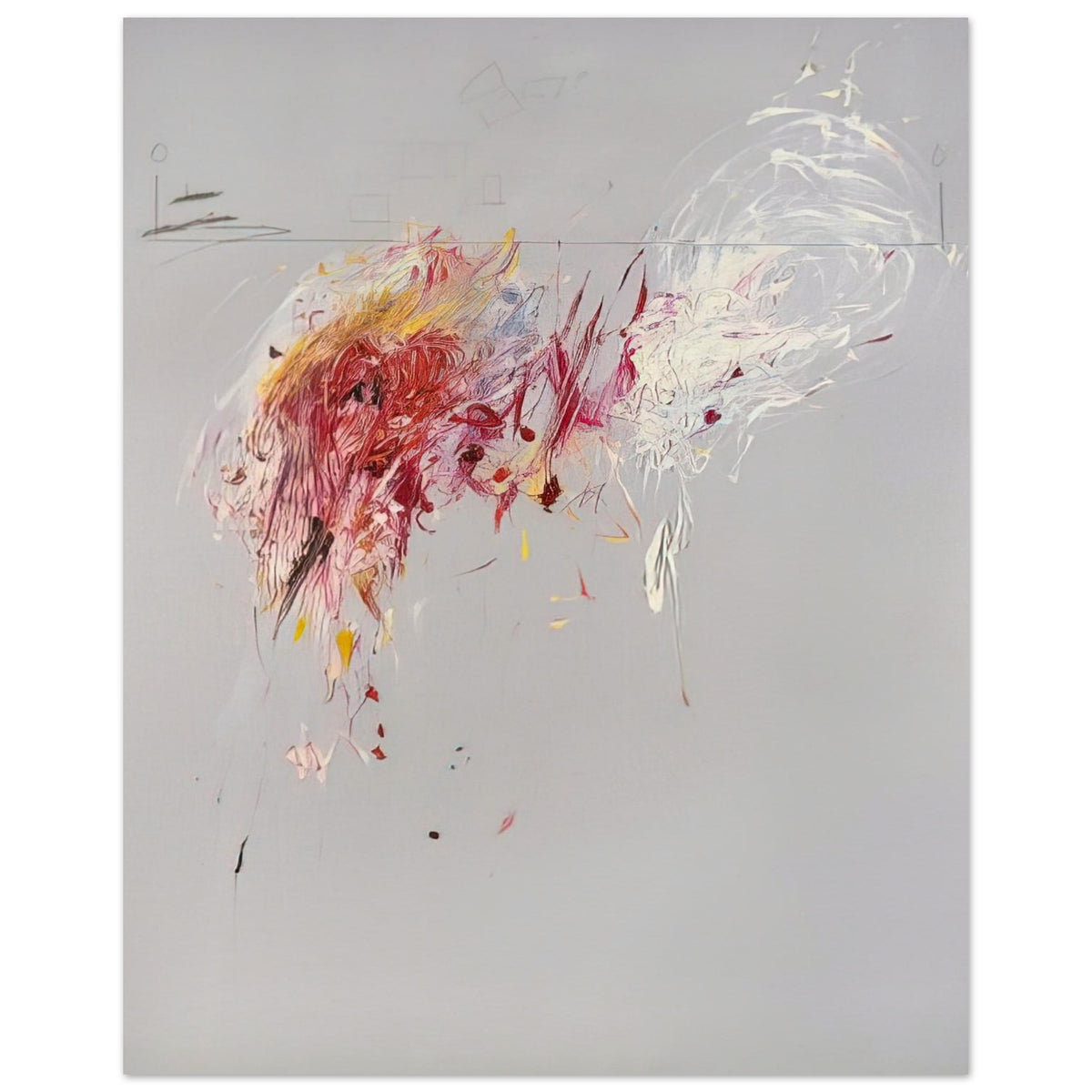 Nine Discourses on Commodus, Part V by Cy Twombly, poster, muted gray background, delicate white brushstrokes, 27x35 cm (11x14 in)