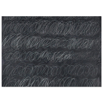 Cold Stream by Cy Twombly poster, 50 × 70 cm / 20 × 28 in: This monochromatic composition features repeated horizontal bands of overlapping white and gray loops….