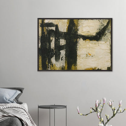 Landscape by Cy Twombly framed art print; featuring bold black and charcoal forms, textured ivory and cream surfaces, and subtle accents of ochre, olive green.