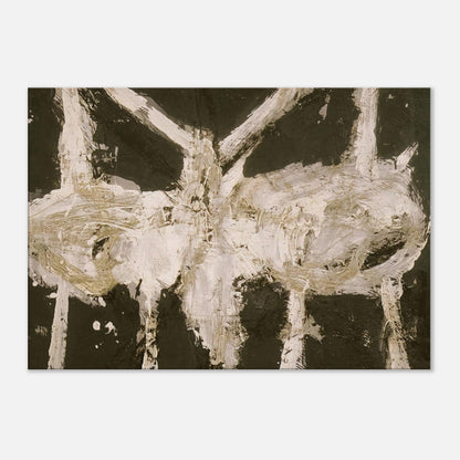 Min-Oe by Cy Twombly canvas print: This striking composition features thick ivory-white brushstrokes against a deep black background….
