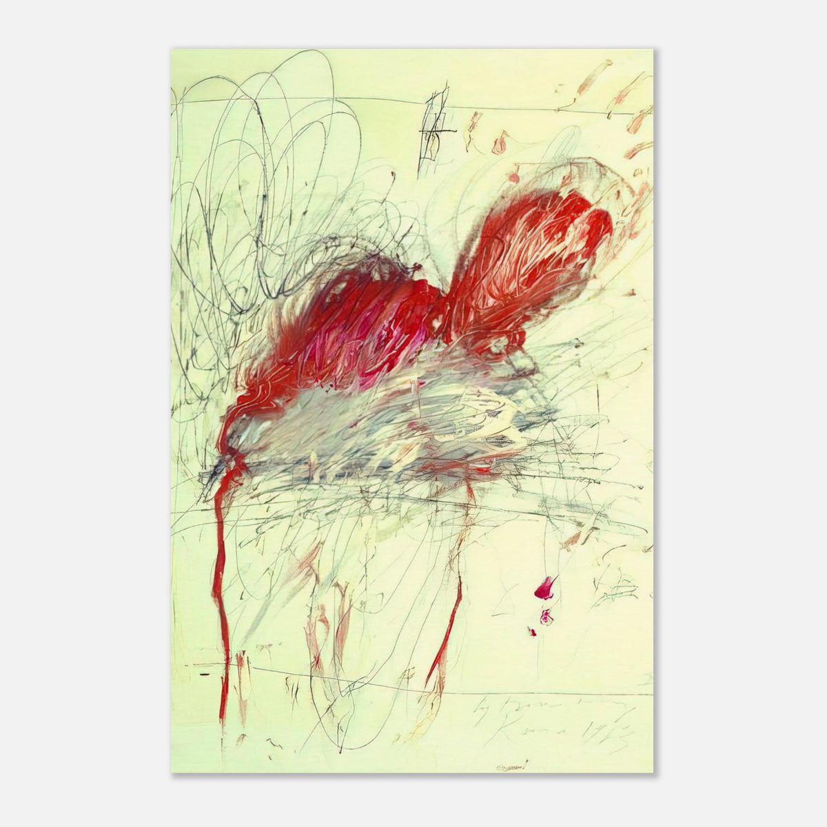 Fifty Days at Iliam: Shades of Achilles, Patroclus, and Hector by Cy Twombly, poster; sweeping red and crimson brushstrokes, delicate pink accents, loose graphite-like lines