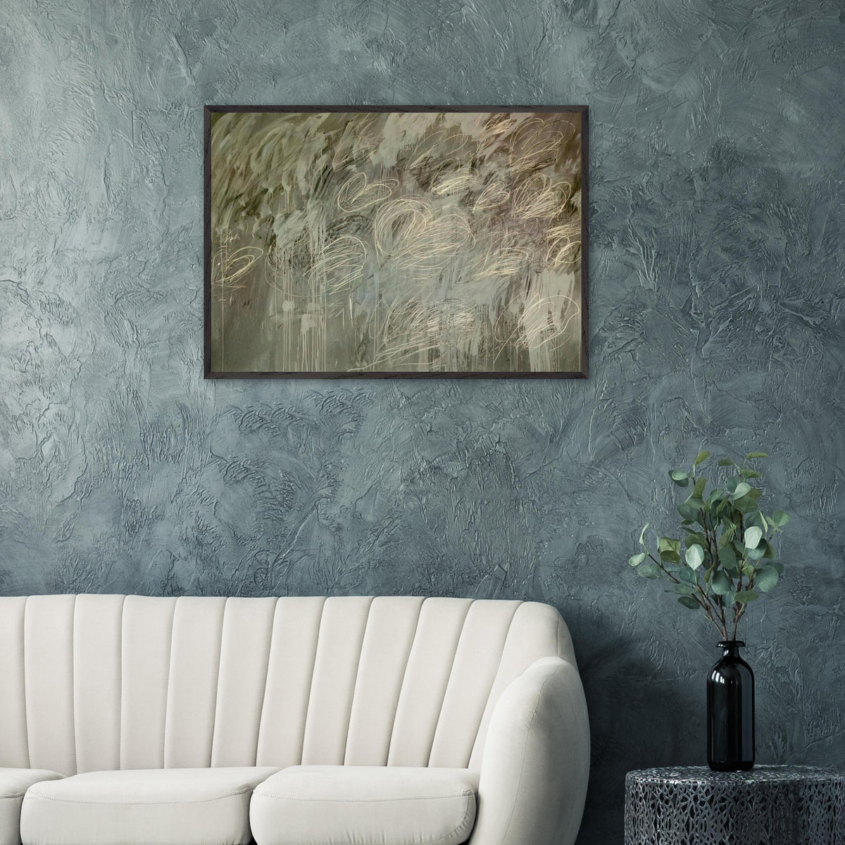 III Notes from Salalah (Note II) by Cy Twombly framed art print; featuring intricate ivory and pale gray looping lines across a richly layered background of muted olive green, gray.