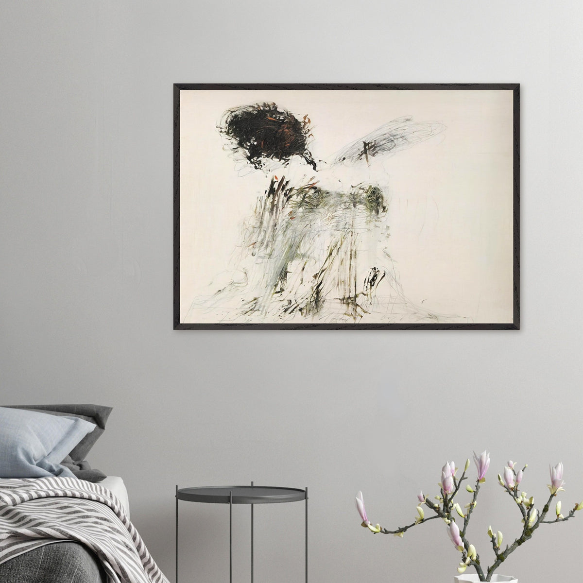 Ides of March by Cy Twombly framed art print; featuring a dramatic mass of black and dark brown marks in the upper-left area, delicate gray lines, earthy green accents.