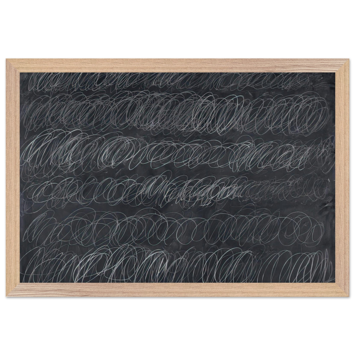 Cold Stream by Cy Twombly framed art print; featuring dense, repeating white and gray scribbled lines arranged in horizontal rows across a deep charcoal-gray; size 28 × 43 cm (11 × 17 in); wood frame.