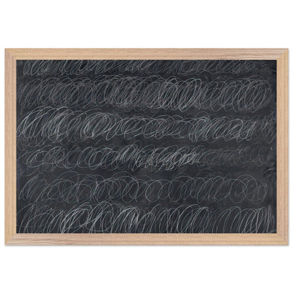 Cold Stream by Cy Twombly framed art print; featuring dense, repeating white and gray scribbled lines arranged in horizontal rows across a deep charcoal-gray; size 28 × 43 cm (11 × 17 in); wood frame.