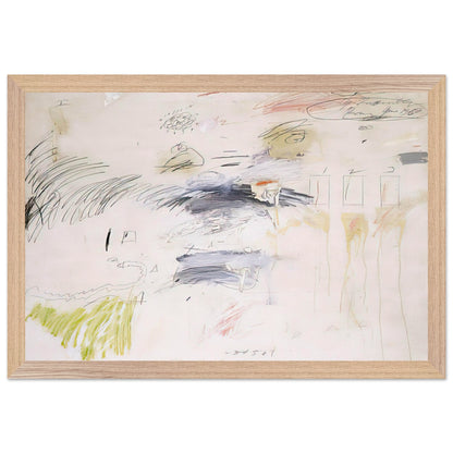 Untitled, Rome by Cy Twombly framed art print; featuring a warm ivory background layered with spontaneous black and charcoal lines, delicate pencil-like gestures; size 70 × 100 cm (28 × 40 in); black frame.