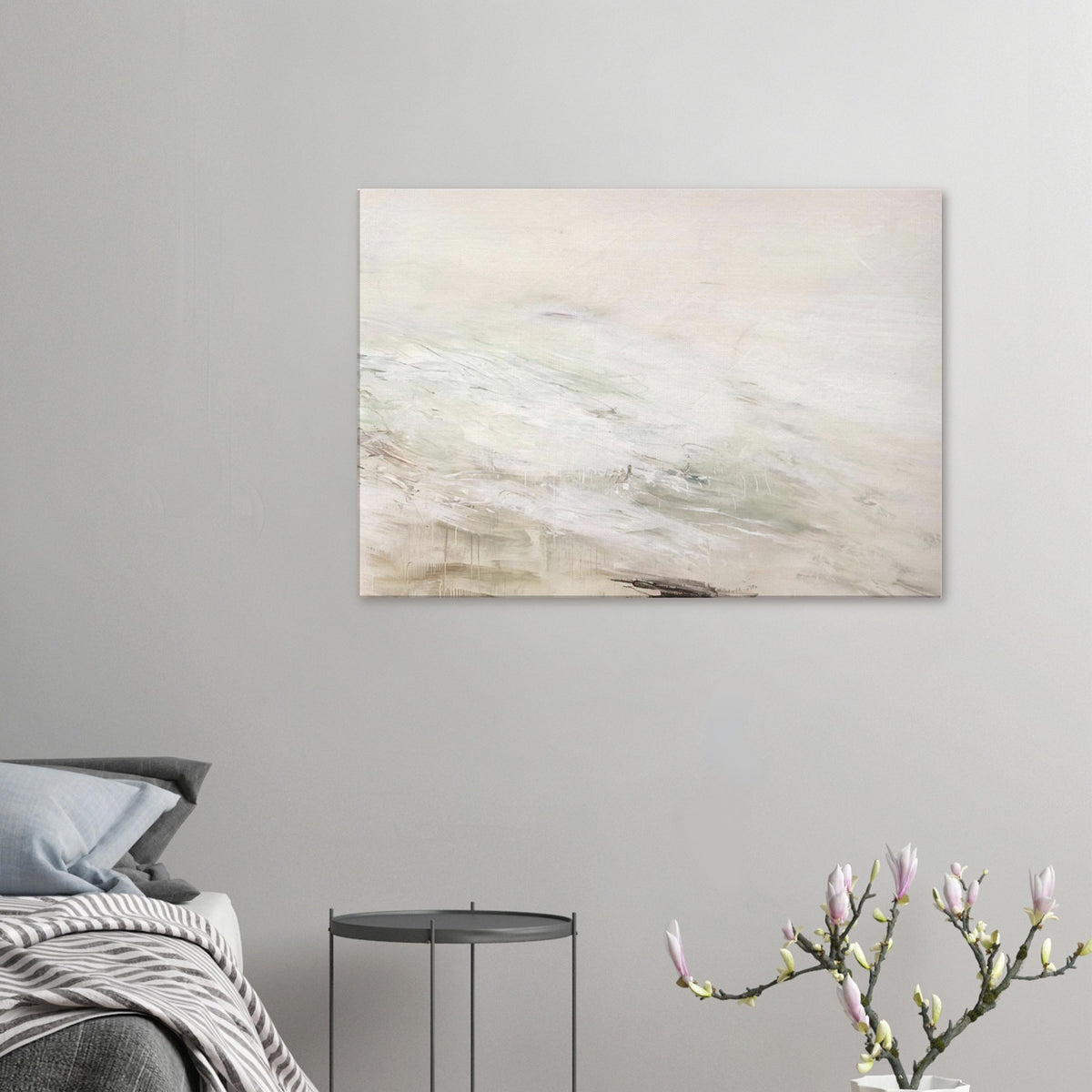 Hero and Leandro (A Painting in Four Parts) Part II by Cy Twombly canvas print: This atmospheric composition features an expansive pale background with flowing white and gray….