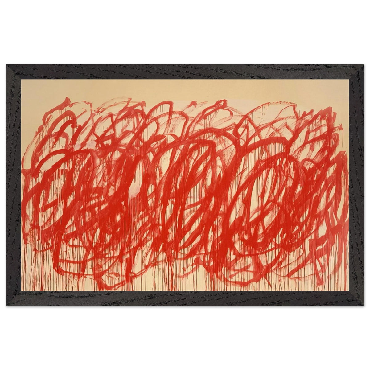 Untitled (Bacchus) by Cy Twombly framed art print; featuring sweeping vermilion-red brushstrokes, overlapping loops, energetic curves; size 800 × 1200 mm (32 × 48 in); wood frame.