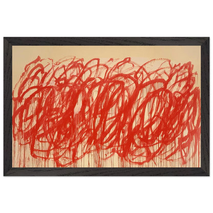Untitled (Bacchus) by Cy Twombly framed art print; featuring sweeping vermilion-red brushstrokes, overlapping loops, energetic curves; size 800 × 1200 mm (32 × 48 in); wood frame.