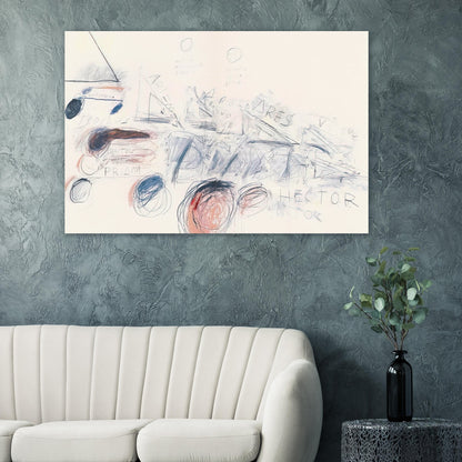 Fifty Days at Iliam: Ilians in Battle by Cy Twombly poster: This striking composition combines energetic red brushstrokes, delicate graphite-like lines….