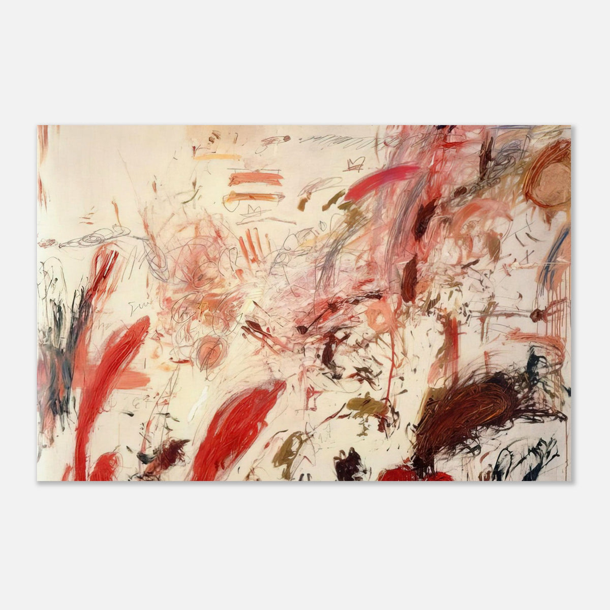 Ferragosto IV by Cy Twombly poster: This expressive composition features a warm cream background layered with energetic red, pink, orange….