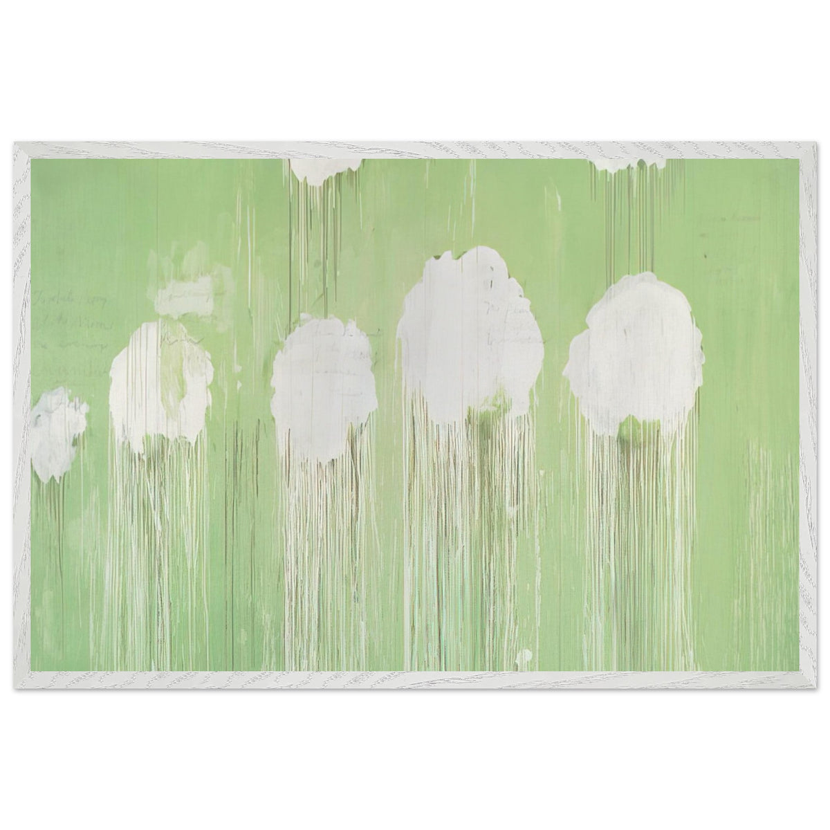 Untitled (Peony Blossom Painting) by Cy Twombly framed art print; featuring delicate white peony blossoms against a soft, luminous green background; size 60 × 90 cm (24 × 36 in); white frame.