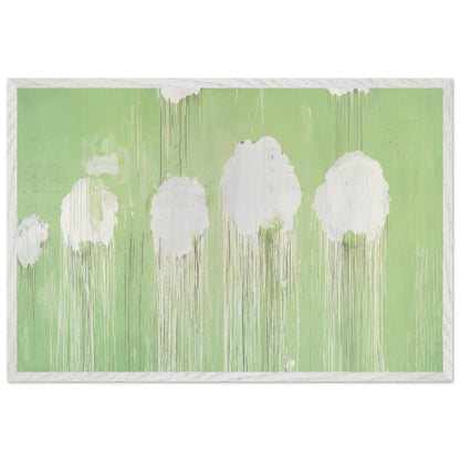 Untitled (Peony Blossom Painting) by Cy Twombly framed art print; featuring delicate white peony blossoms against a soft, luminous green background; size 60 × 90 cm (24 × 36 in); white frame.