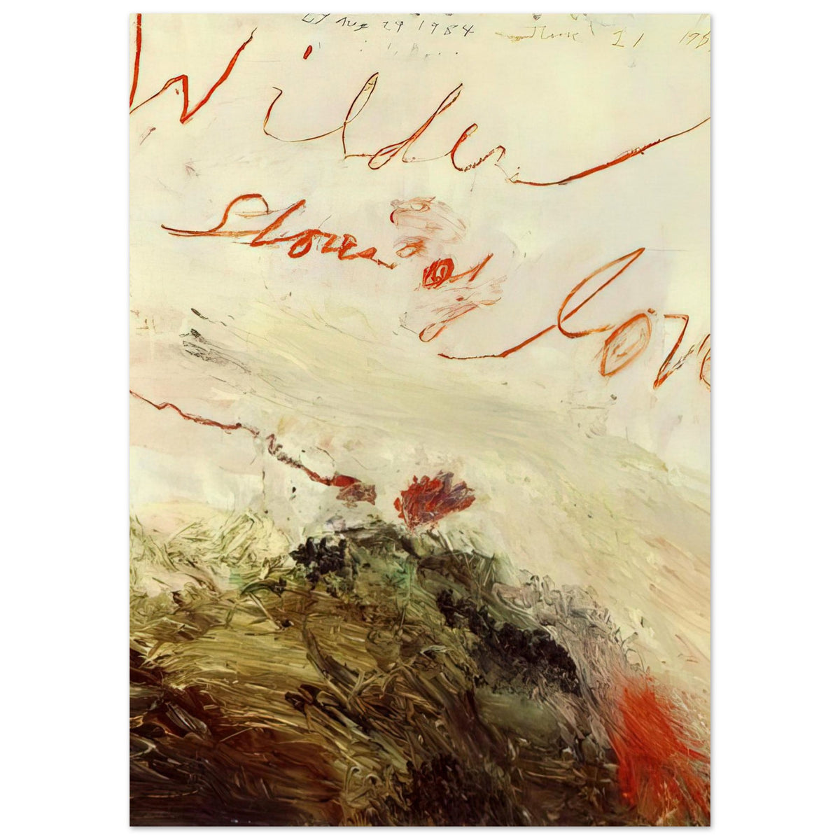 Wilder Shores of Love by Cy Twombly, poster, sweeping red and orange handwritten marks, delicate pencil lines, 60x80 cm (24x32 in)