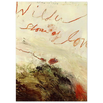 Wilder Shores of Love by Cy Twombly, poster, sweeping red and orange handwritten marks, delicate pencil lines, 60x80 cm (24x32 in)