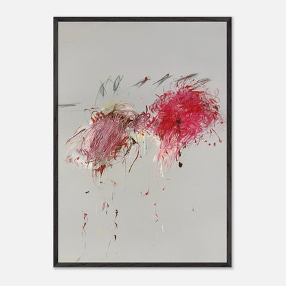 Nicola's Irises by Cy Twombly, framed art print; sweeping red and crimson brushstrokes, delicate pink accents, cool blue details, and dark gestural lines against a pale background