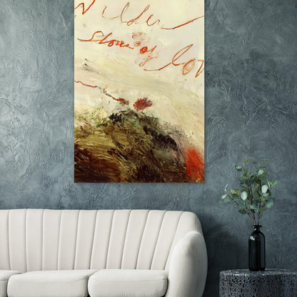 Wilder Shores of Love by Cy Twombly, poster, sweeping red and orange handwritten marks, delicate pencil lines