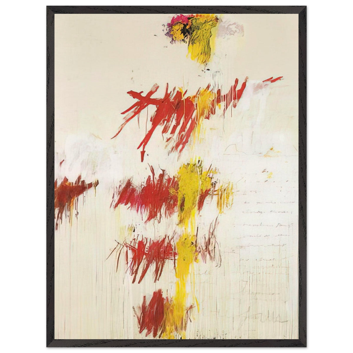 Quattro Stagioni II. Primavera by Cy Twombly, framed art print, energetic red and crimson brushstrokes, luminous yellow accents, 70x100 cm (28x40 in), white frame