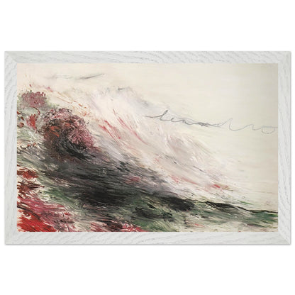 Hero and Leandro (A Painting in Four Parts) Part I by Cy Twombly framed art print; featuring sweeping white and pale gray brushstrokes, layered charcoal and black marks, subtle green tones; size 28 × 43 cm (11 × 17 in); white frame.