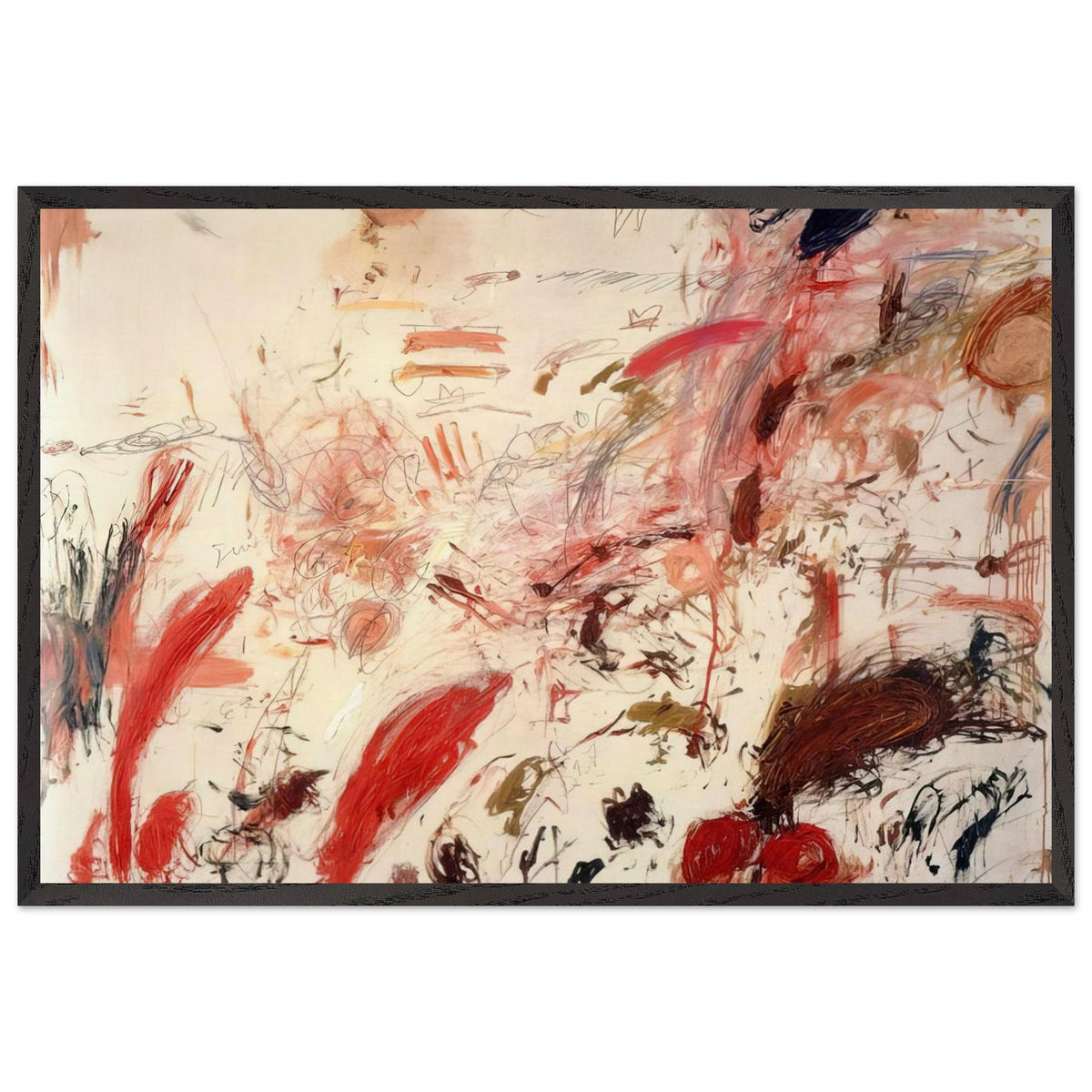 Ferragosto IV by Cy Twombly framed art print; featuring energetic red and pink brushstrokes, sweeping lines, layered marks, and contrasting accents of orange, brown; size 60 × 90 cm (24 × 36 in); wood frame.