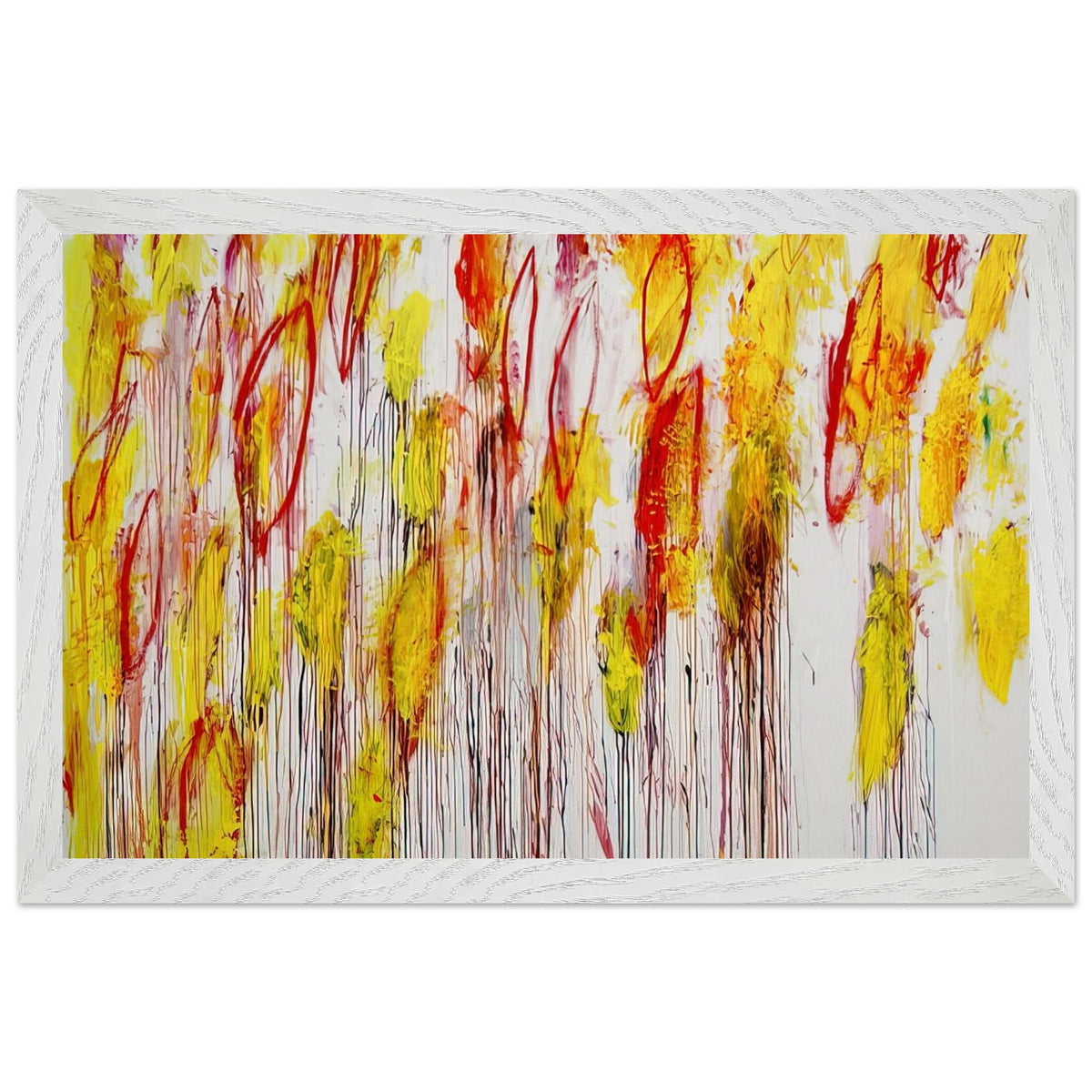 Lepanto, Part I by Cy Twombly framed art print; featuring vivid yellow and golden-orange brushstrokes, fiery red accents, delicate pink marks; size 800 × 1200 mm (32 × 48 in); wood frame.
