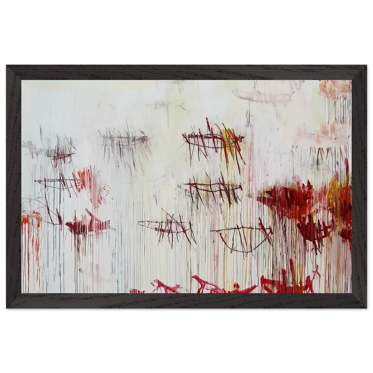 Lepanto, Part IX by Cy Twombly framed art print; featuring a luminous pale blue and ivory background, energetic crimson and burgundy marks, delicate yellow accents; size 50 × 70 cm (20 × 28 in); white frame.