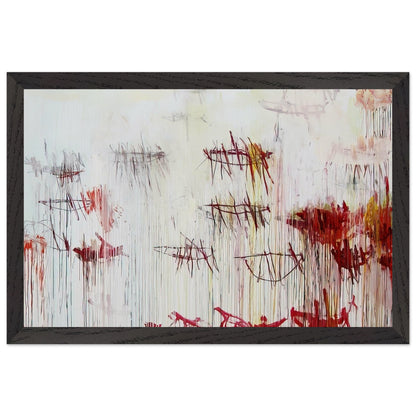Lepanto, Part IX by Cy Twombly framed art print; featuring a luminous pale blue and ivory background, energetic crimson and burgundy marks, delicate yellow accents; size 50 × 70 cm (20 × 28 in); white frame.