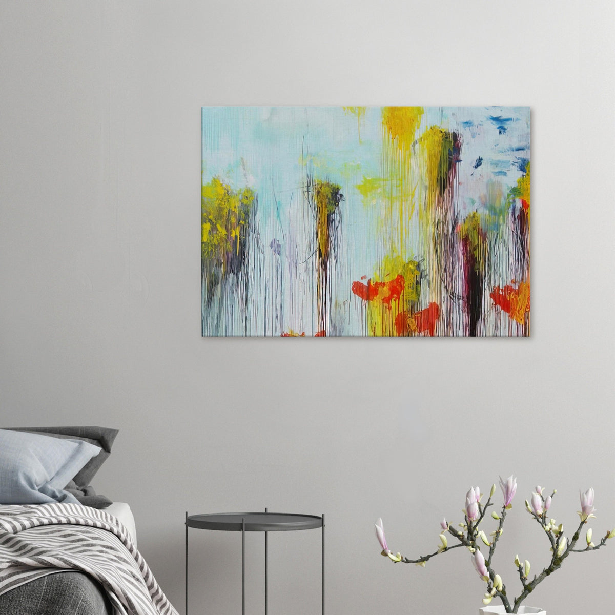 Lepanto, Part VII by Cy Twombly canvas print: This striking composition features a pale blue background covered with flowing vertical paint drips….