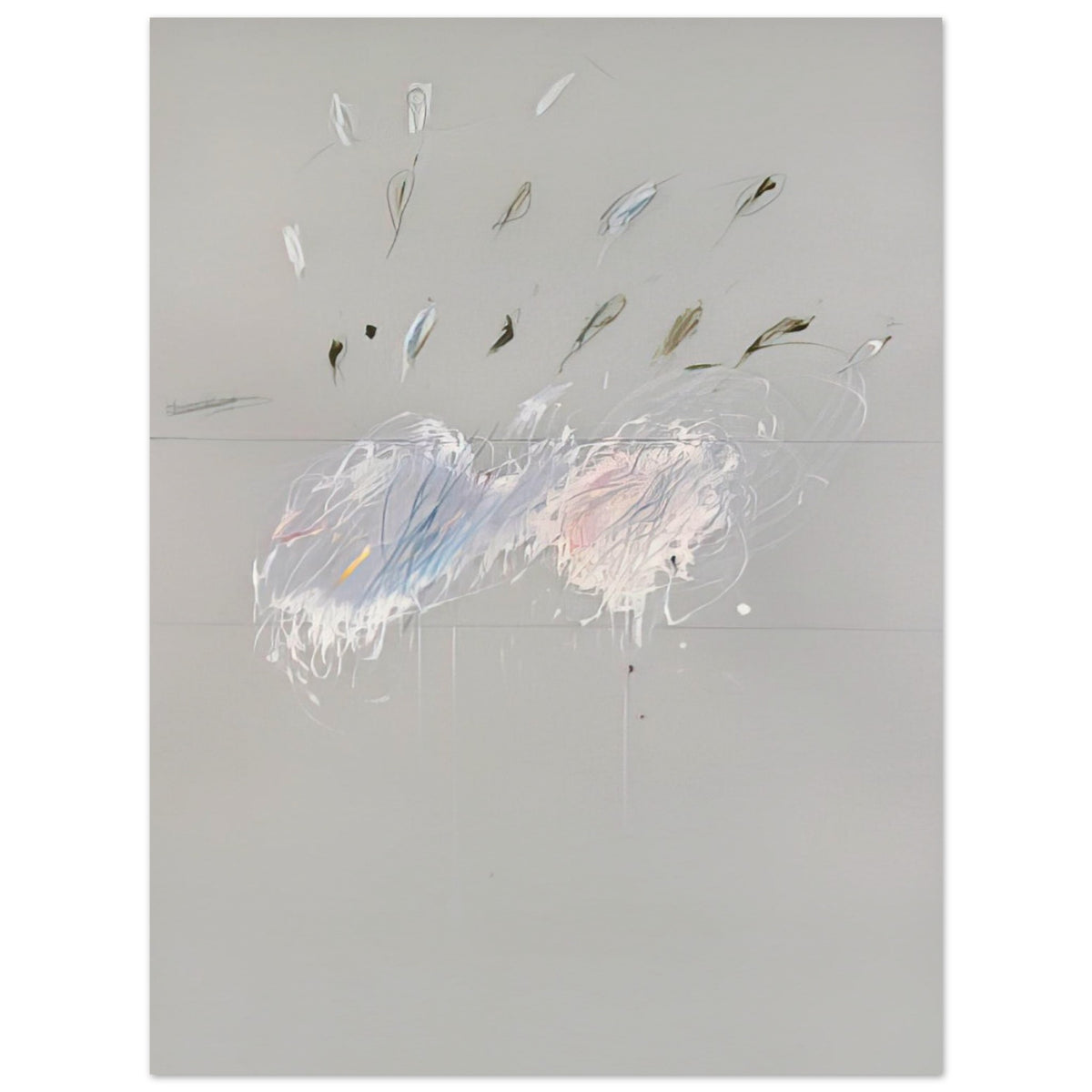 Nine Discourses on Commodus, Part VI by Cy Twombly, poster, muted gray background, delicate white brushstrokes, 100x150 cm (40x60 in)
