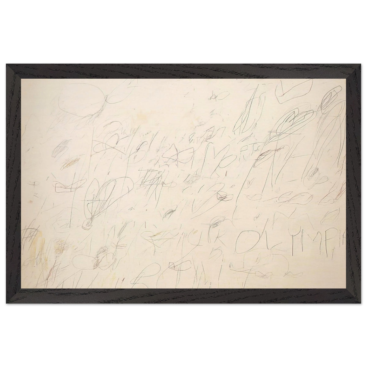 Olympia by Cy Twombly framed art print; featuring a warm ivory and pale cream background covered with delicate pencil-like lines, overlapping scribbles; size 50 × 70 cm (20 × 28 in); white frame.