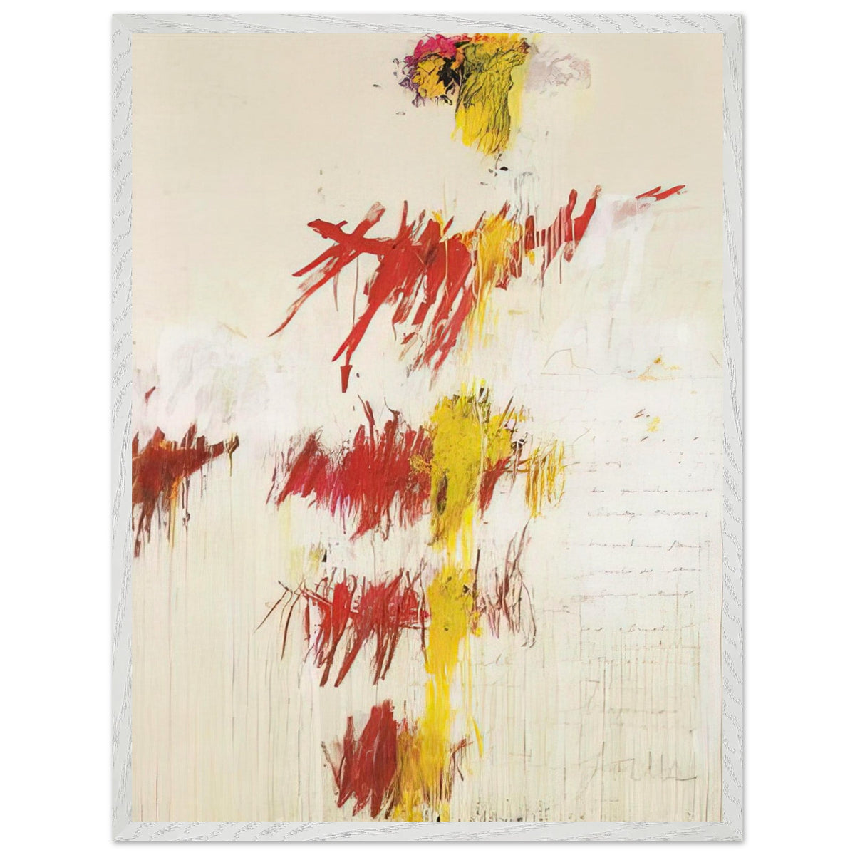 Quattro Stagioni II. Primavera by Cy Twombly, framed art print, energetic red and crimson brushstrokes, luminous yellow accents, 50x70 cm (20x28 in), white frame