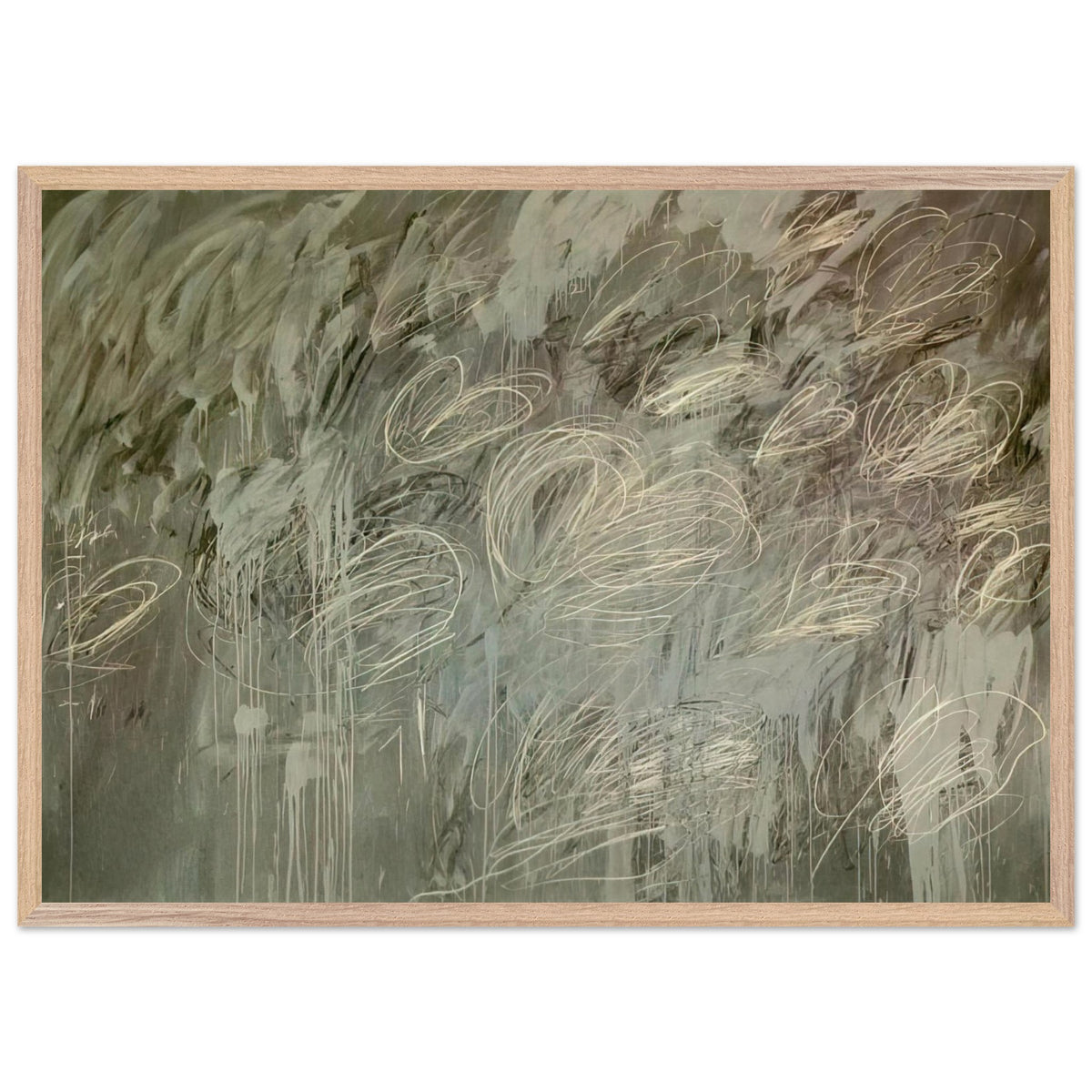 III Notes from Salalah (Note II) by Cy Twombly framed art print; featuring intricate ivory and pale gray looping lines across a richly layered background of muted olive green, gray; size A1 (59.4 × 84.1 cm); wood frame.