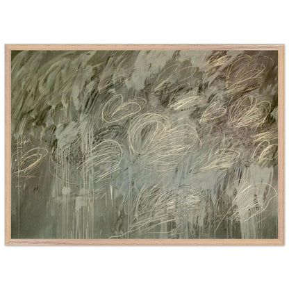 III Notes from Salalah (Note II) by Cy Twombly framed art print; featuring intricate ivory and pale gray looping lines across a richly layered background of muted olive green, gray; size A1 (59.4 × 84.1 cm); wood frame.