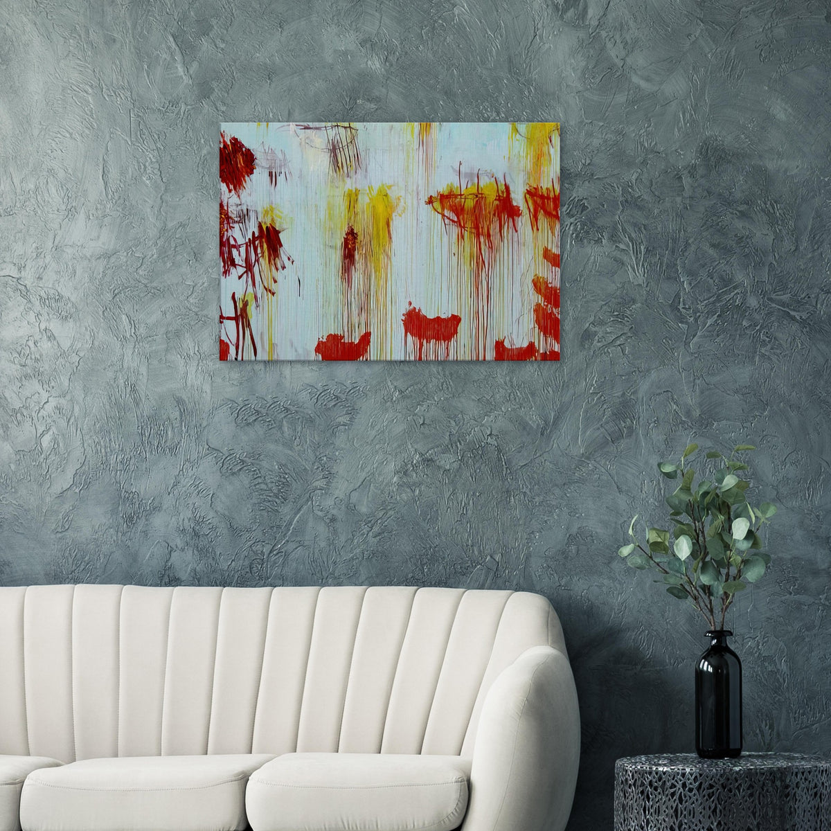 Lepanto, Part XI by Cy Twombly canvas print: This striking composition features a pale turquoise background layered with vivid yellow, golden ochre….