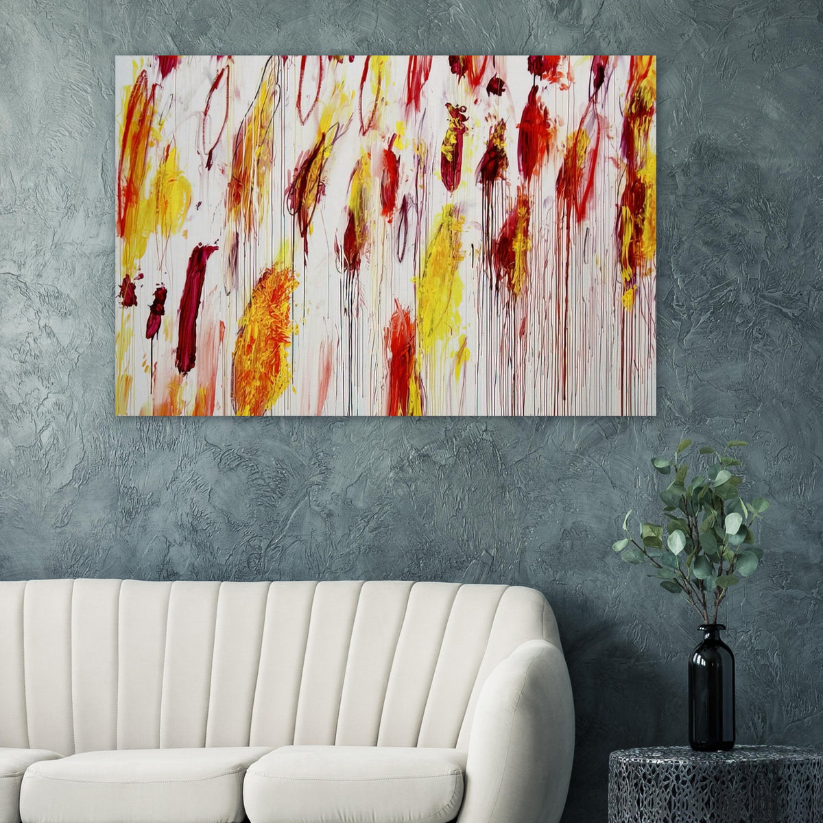 Lepanto, Part IV by Cy Twombly poster: This expressive composition features vivid yellow, golden ochre, red, and deep burgundy marks against….