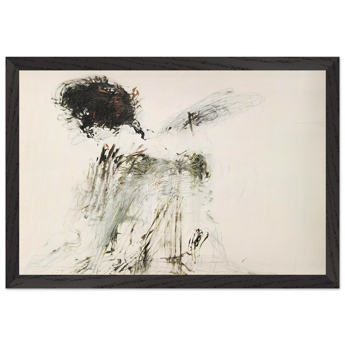 Ides of March by Cy Twombly framed art print; featuring a dramatic mass of black and dark brown marks in the upper-left area, delicate gray lines, earthy green accents; size 50 × 70 cm (20 × 28 in); wood frame.