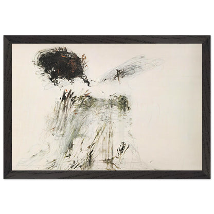 Ides of March by Cy Twombly framed art print; featuring a dramatic mass of black and dark brown marks in the upper-left area, delicate gray lines, earthy green accents; size 50 × 70 cm (20 × 28 in); wood frame.
