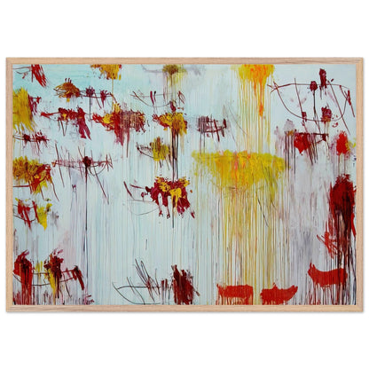 Lepanto, Part X by Cy Twombly framed art print; featuring a luminous pale blue and turquoise background, vivid golden-yellow brushstrokes; size 60 × 90 cm (24 × 36 in); wood frame.