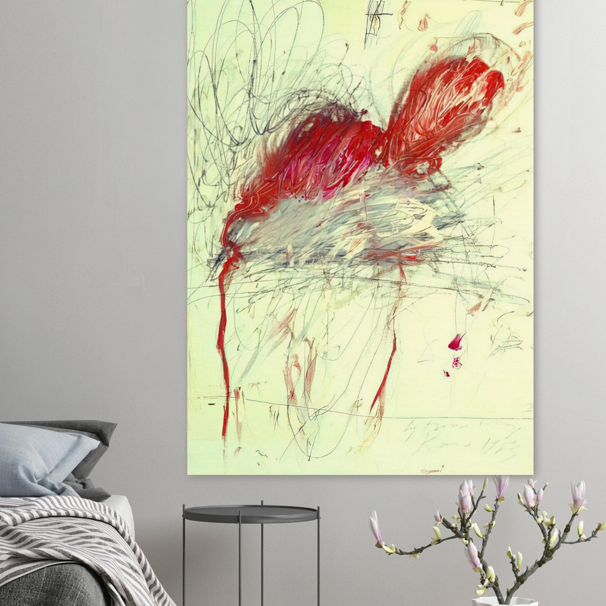 Fifty Days at Iliam: Shades of Achilles, Patroclus, and Hector by Cy Twombly, poster; sweeping red and crimson brushstrokes, delicate pink accents, loose graphite-like lines