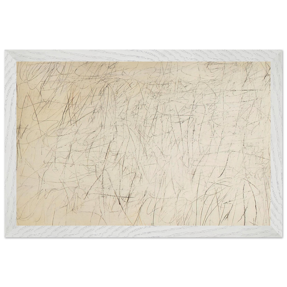 The Geeks by Cy Twombly framed art print; featuring an ivory and warm beige background covered with delicate pencil-like scribbles, intersecting lines; size 800 × 1200 mm (32 × 48 in); black frame.