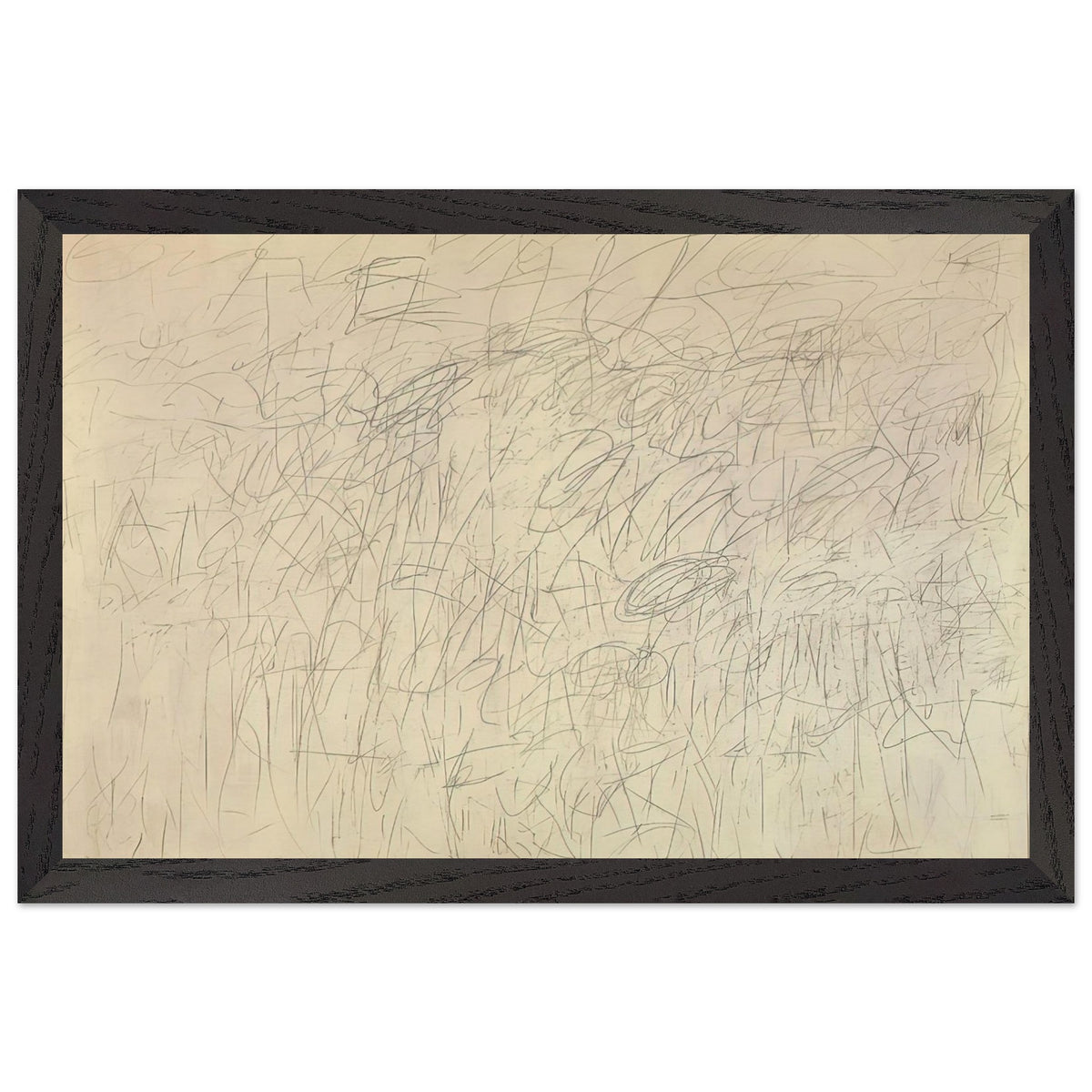Academy by Cy Twombly framed art print; featuring an intricate network of delicate gray and black scribbles, overlapping lines, spontaneous gestures; size A1 (59.4 × 84.1 cm); black frame.