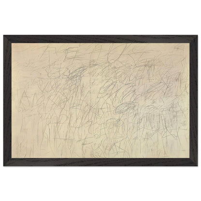 Academy by Cy Twombly framed art print; featuring an intricate network of delicate gray and black scribbles, overlapping lines, spontaneous gestures; size A1 (59.4 × 84.1 cm); black frame.