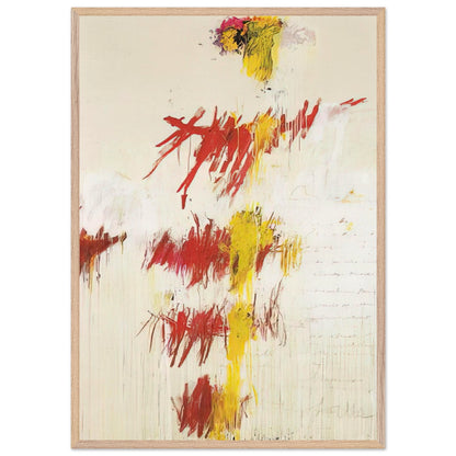 Quattro Stagioni II. Primavera by Cy Twombly, framed art print, energetic red and crimson brushstrokes, luminous yellow accents, 60x80 cm (24x32 in), black frame