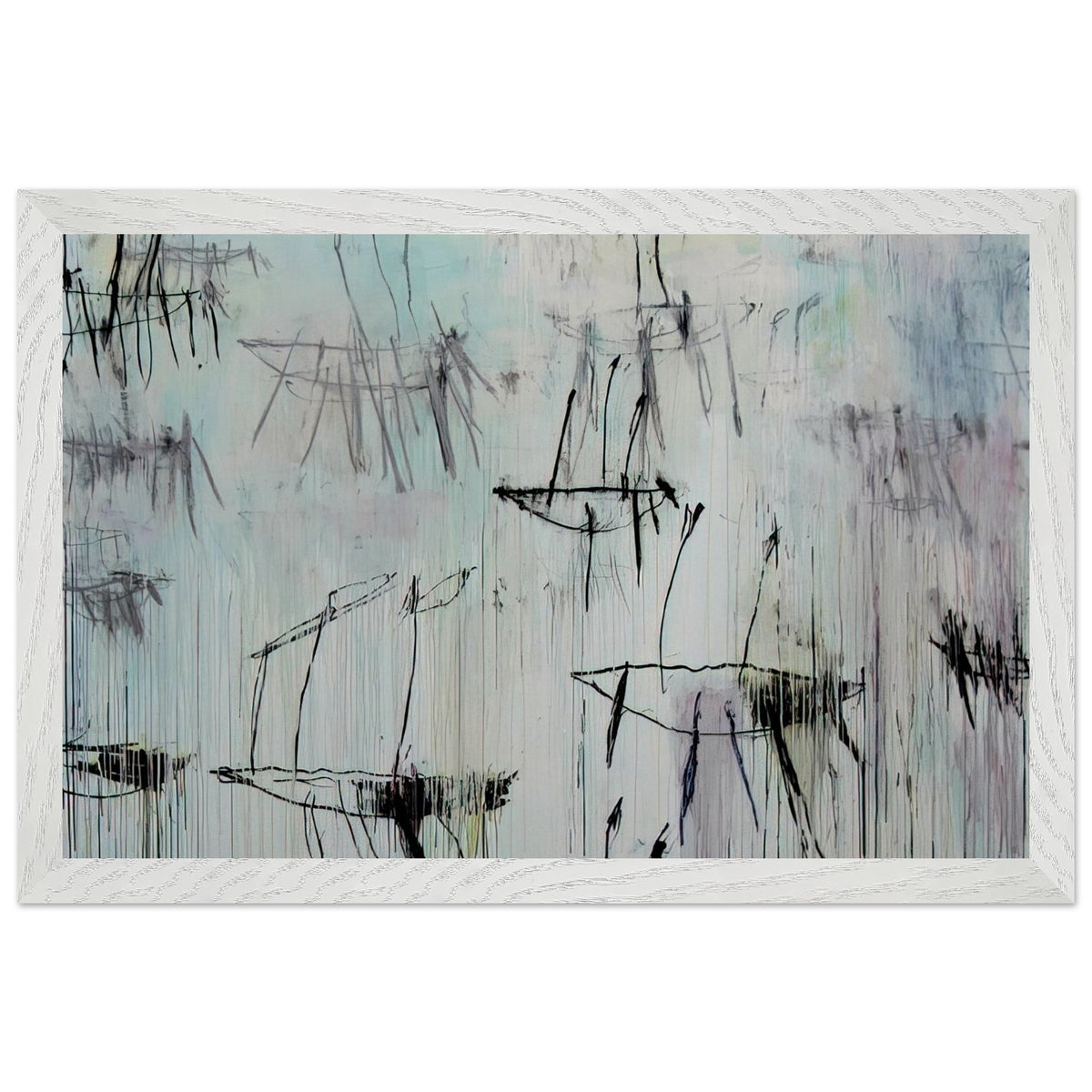 Lepanto, Part V by Cy Twombly framed art print; featuring a pale blue and ivory background, expressive black lines, delicate gray marks, subtle pink undertones; size 800 × 1200 mm (32 × 48 in); black frame.
