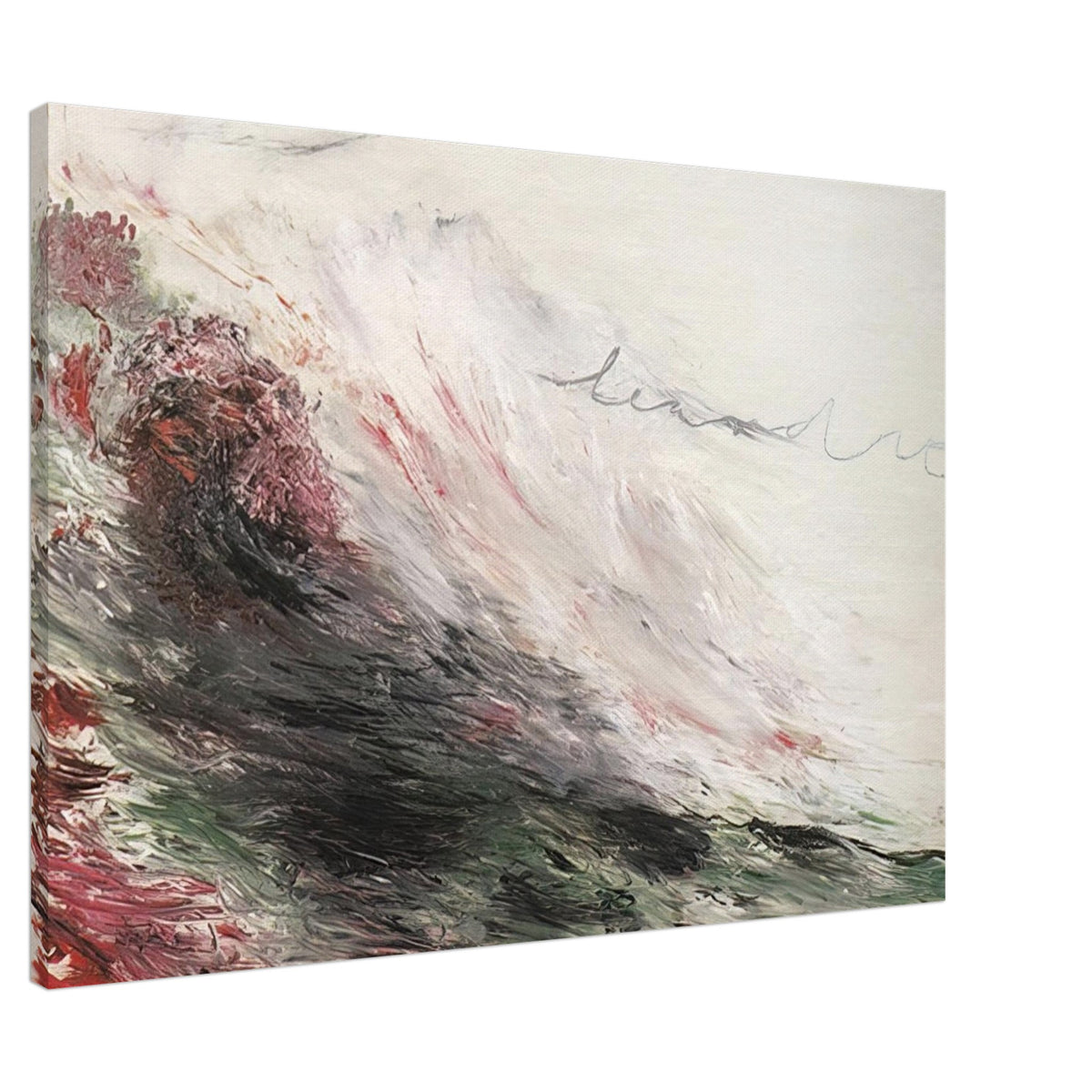 Hero and Leandro (A Painting in Four Parts) Part I by Cy Twombly canvas print, 40 × 50 cm / 16 × 20 in: sweeping white and gray strokes with muted pink, deep green, charcoal, and earthy red tones.