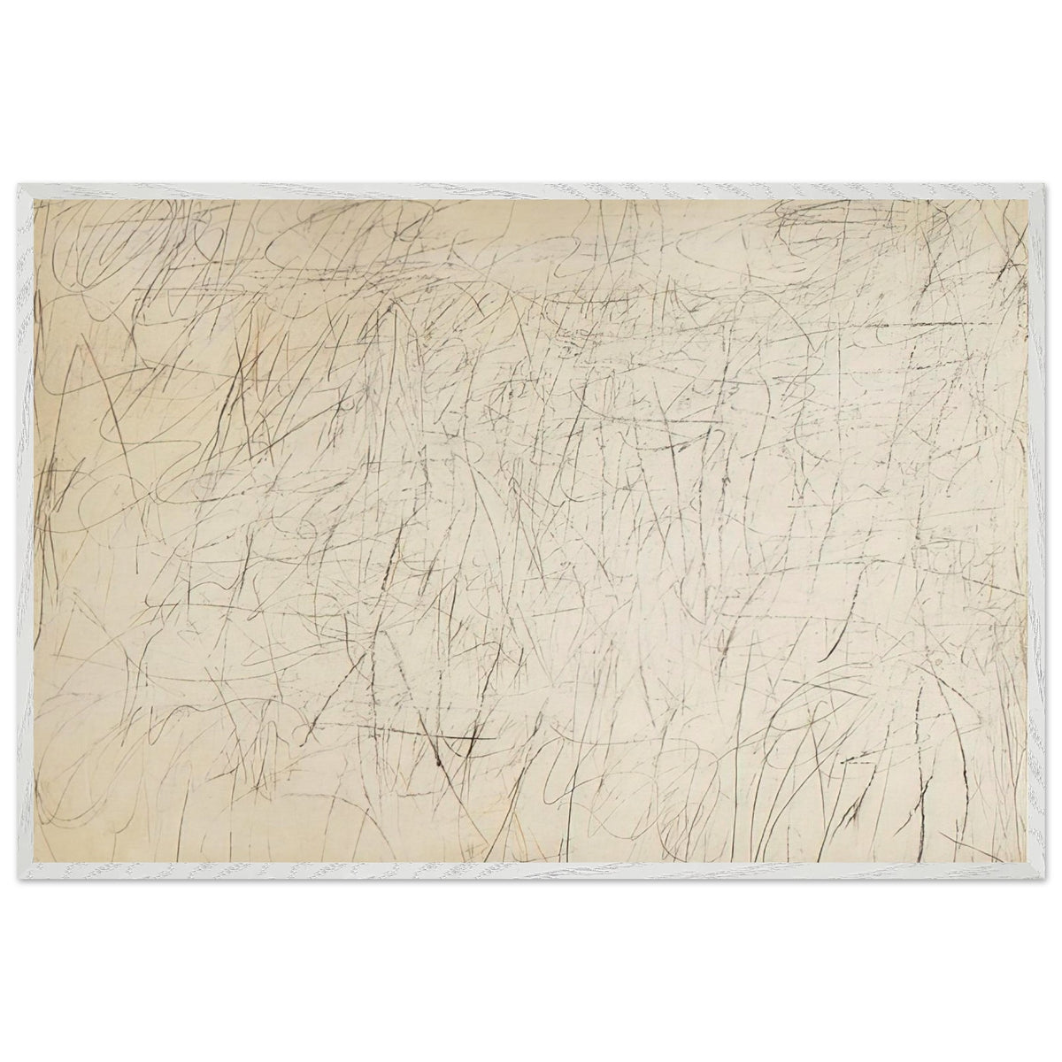 The Geeks by Cy Twombly framed art print; featuring an ivory and warm beige background covered with delicate pencil-like scribbles, intersecting lines; size 28 × 43 cm (11 × 17 in); black frame.